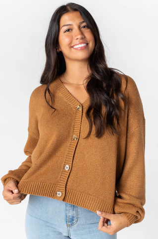 A model wearing a brown Button Down Cardigan from tridentseal